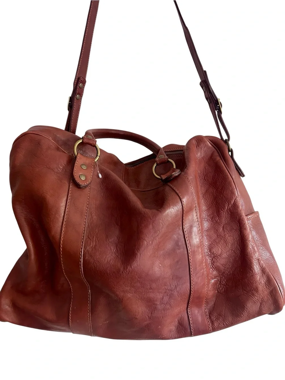 I Medici Firenze Italian Leather Weekender Duffel Bag Cognac Brown Travel Tote